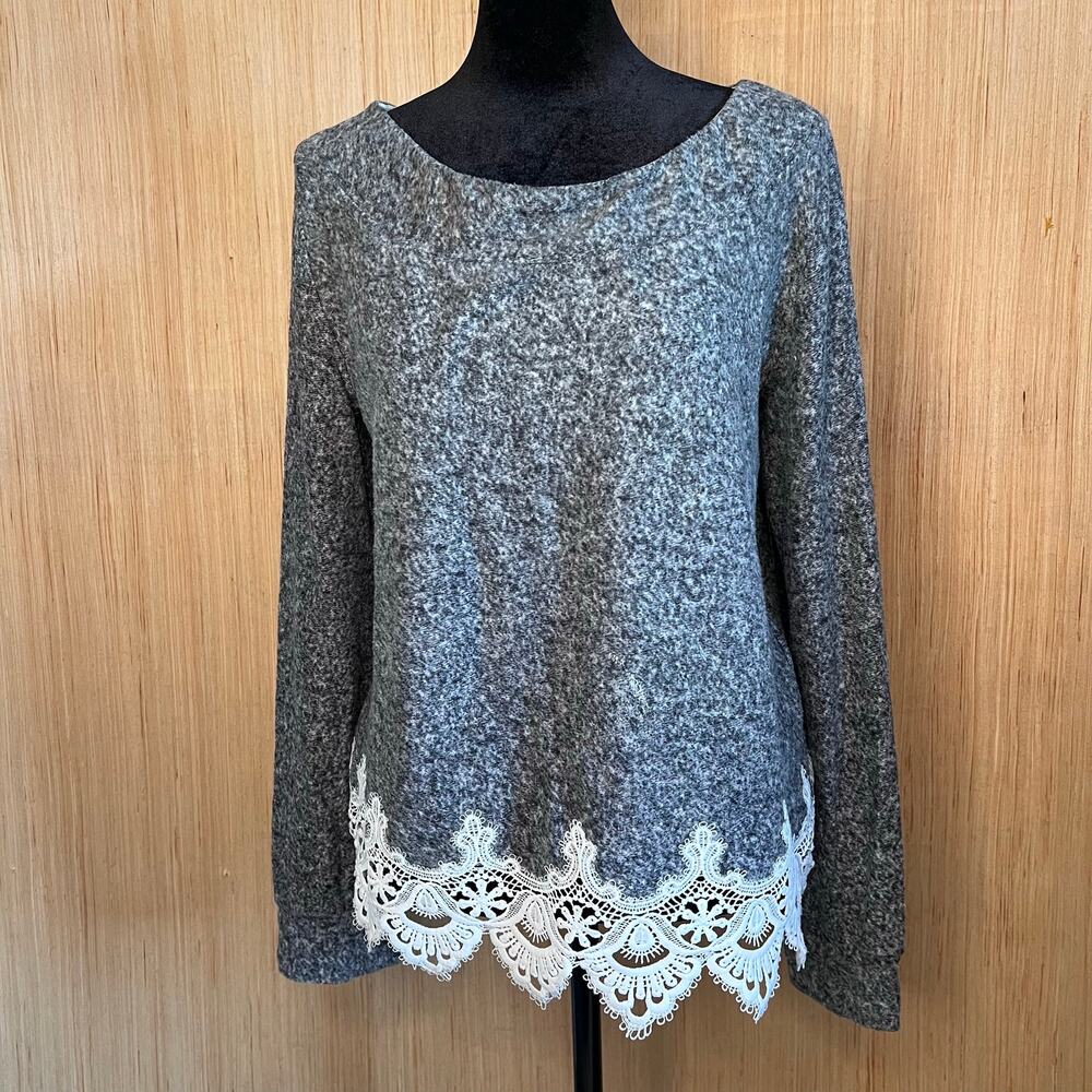 The Kooples Sport Gray Fleece Lace Trim Sweatshirt Loungewear Soft Cozy Top Sz S